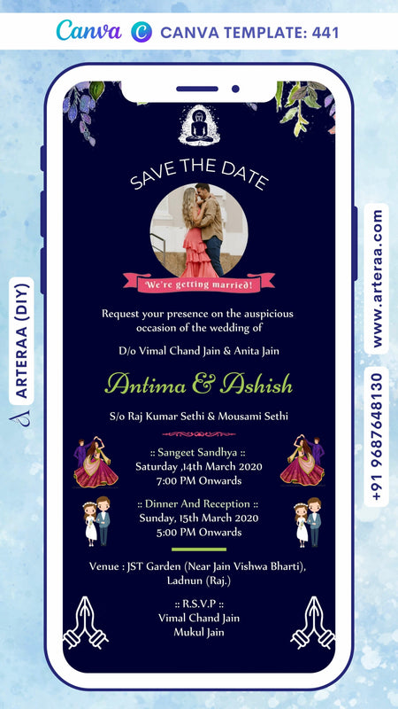 Wedding ceremony invitation card Canva Editable Template of hindu rajasthani marwari family in english language with Minimalistic theme design 441