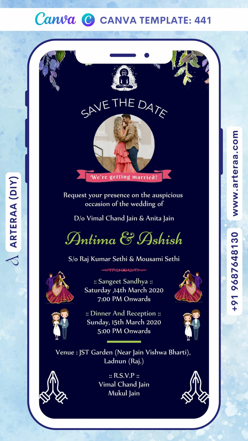 Wedding ceremony invitation card Canva Editable Template of hindu rajasthani marwari family in english language with Minimalistic theme design 441