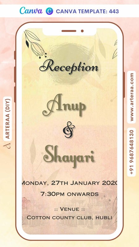 Reception Party invitation card Canva Editable Template in english language with leaves, as minimalistic theme design 443