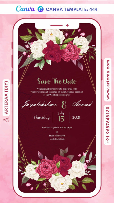 Save the Date card Canva Editable Template in english language with flowers, frame as floral theme design 444