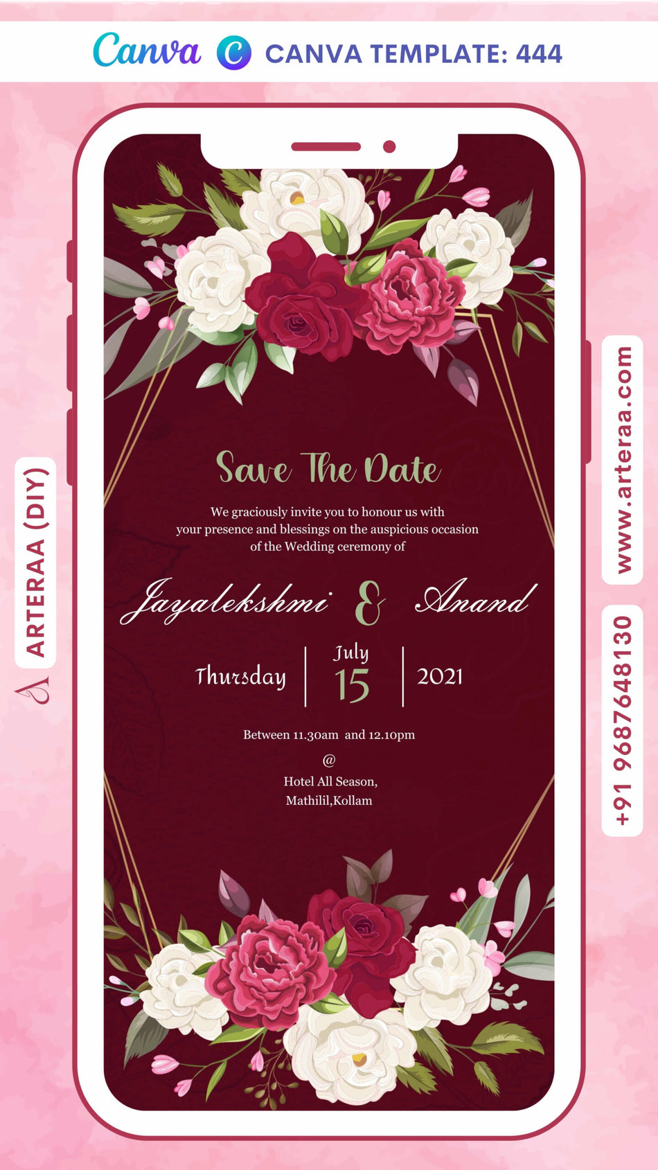 Save the Date card Canva Editable Template in english language with flowers, frame as floral theme design 444