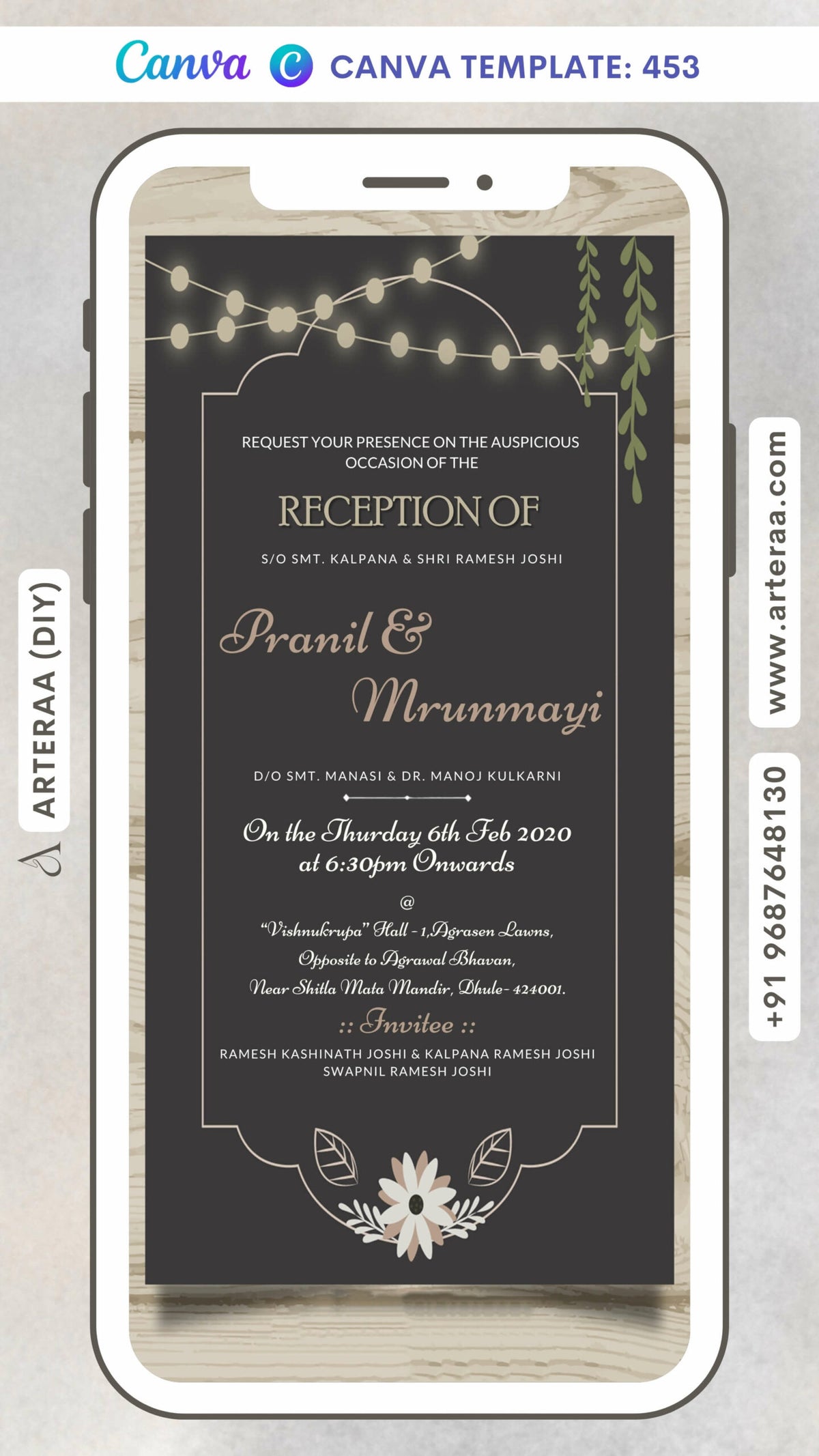 Digital Reception Invitation of North Indian Family in English Language With Floral Theme Canva Editable Template Design No. 453