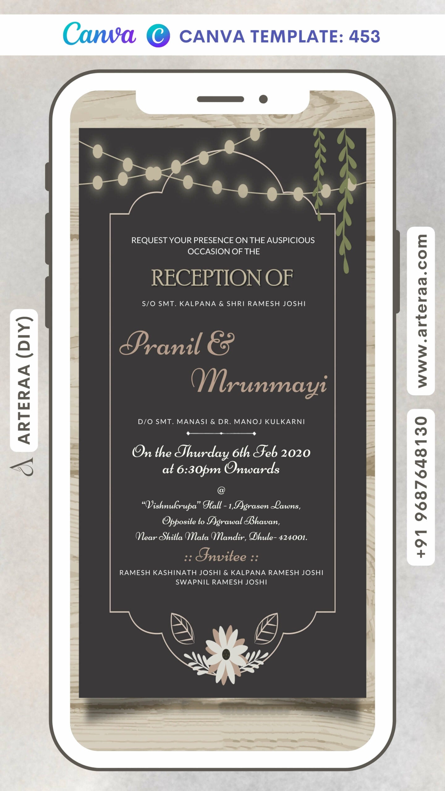 Digital Reception Invitation of North Indian Family in English Language With Floral Theme Canva Editable Template Design No. 453