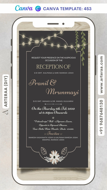 Digital Reception Invitation of North Indian Family in English Language With Floral Theme Canva Editable Template Design No. 453