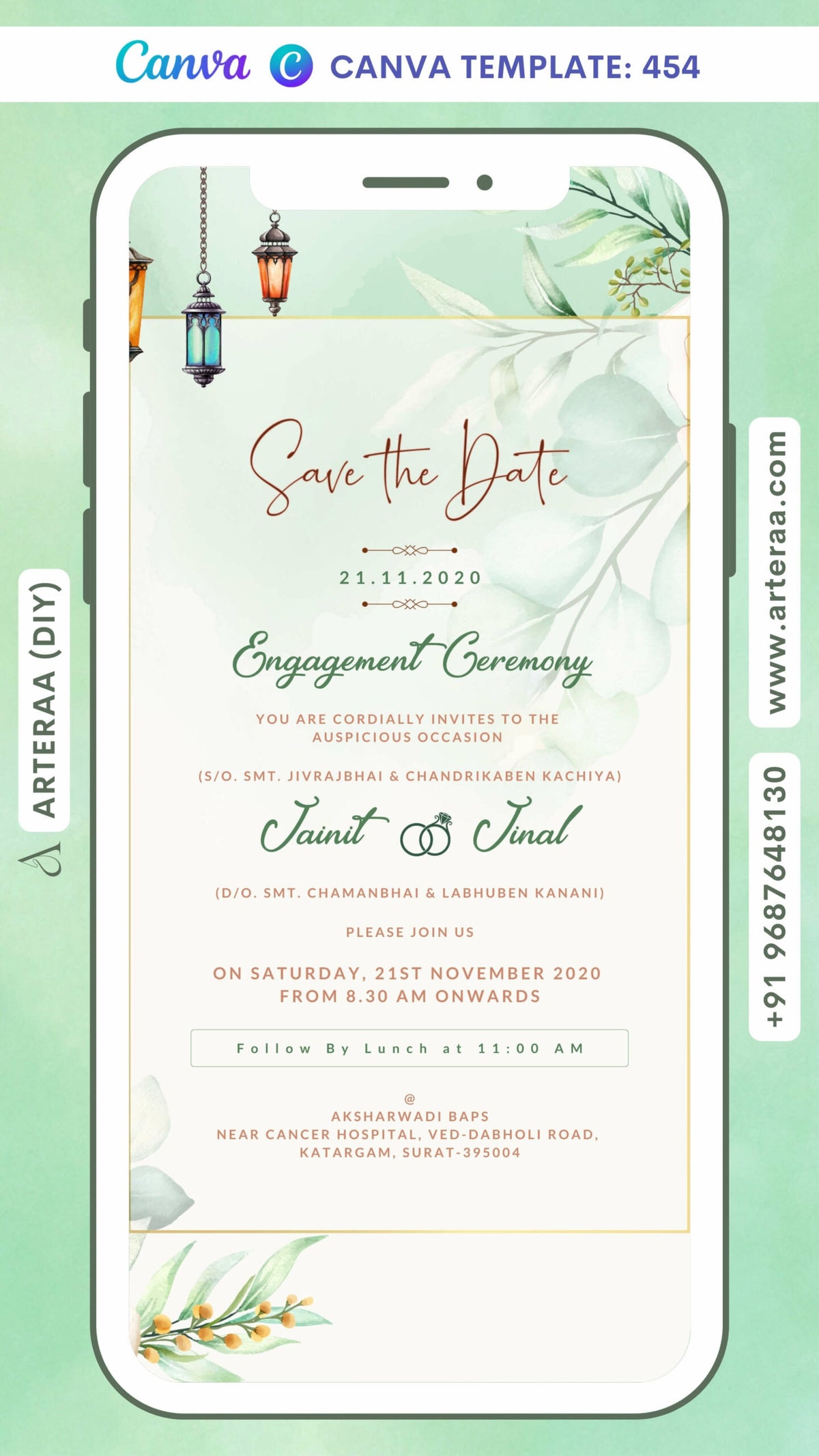 Engagement ceremony invitation card Canva Editable Template in english language with flowers, lantern, frame, leaves as couple photo theme design 454