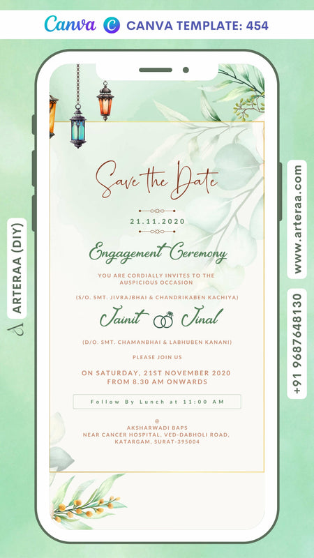 Engagement ceremony invitation card Canva Editable Template in english language with flowers, lantern, frame, leaves as couple photo theme design 454