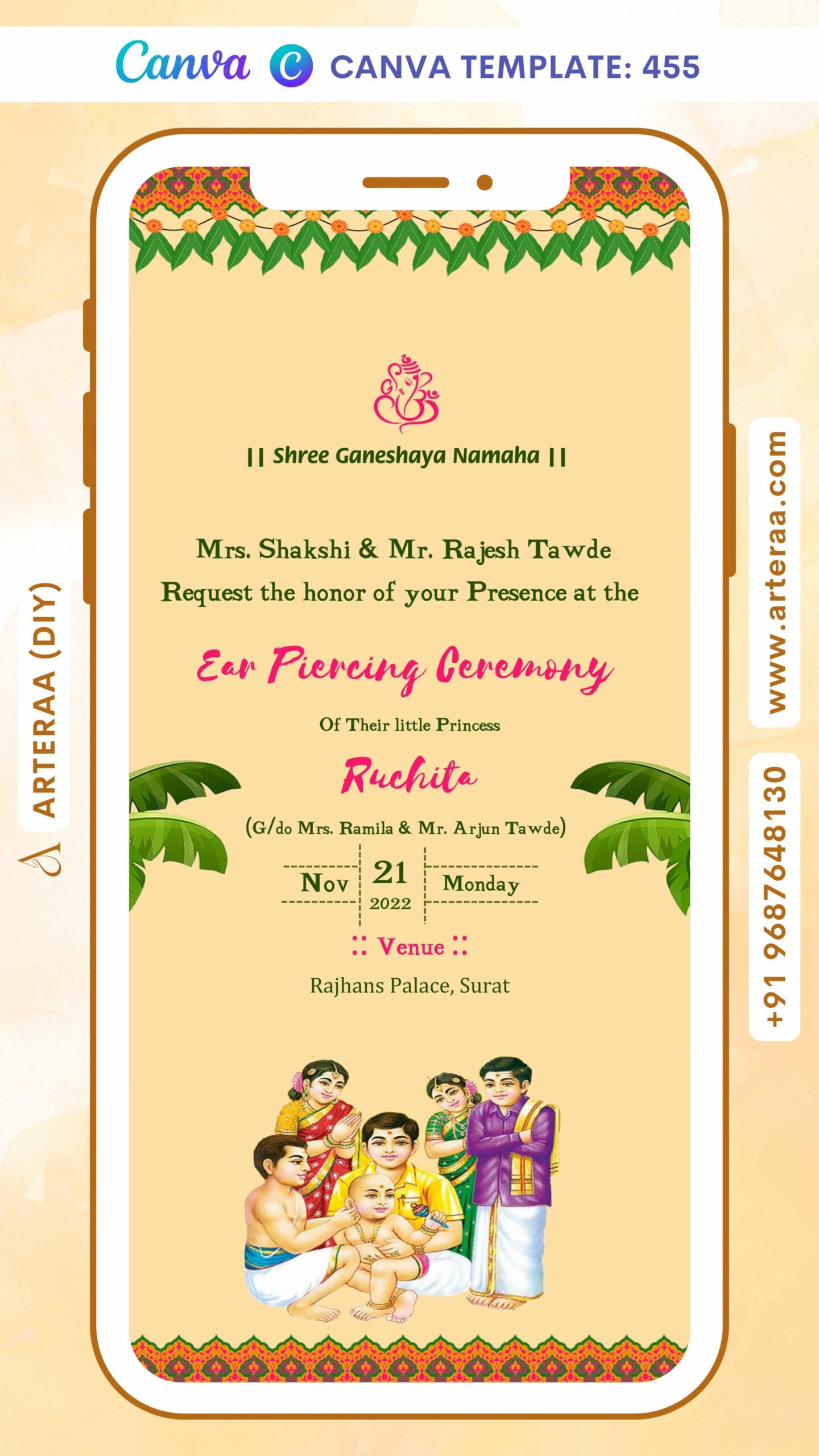 Digital Ear Piercing Ceremony Invitation of Indian Family in English Language With Leaf Pattern Theme Canva Editable Template Design No. 455