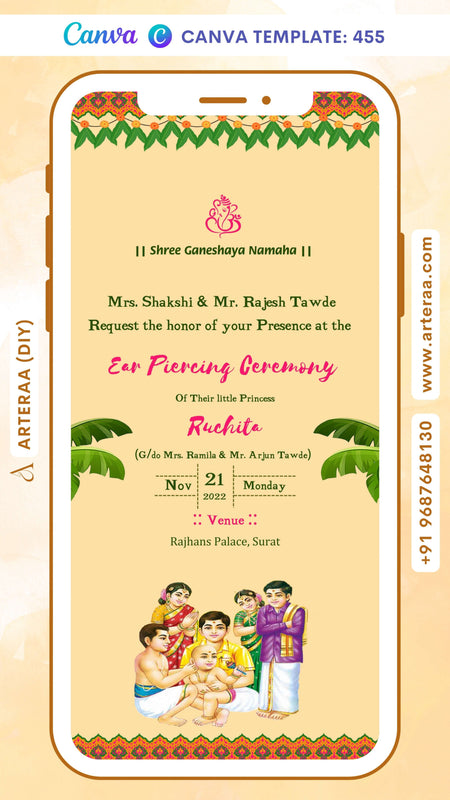 Ear Piercing ceremony invitation Canva Editable Template in english language with toran, ear piercing doodle as vintage theme design 455