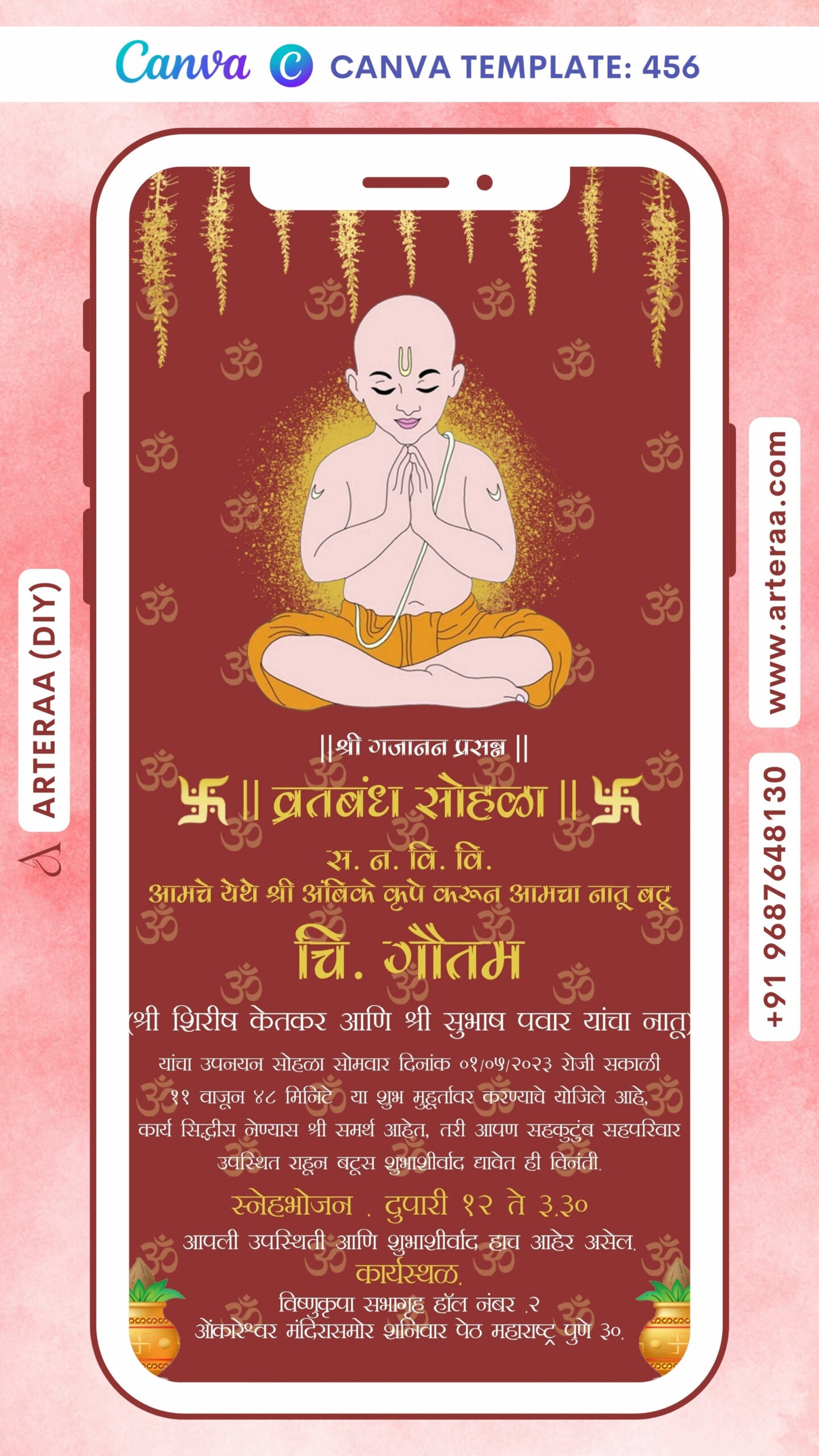 Thread ceremony invitation card Canva Editable Template in marathi language with doodle, kalash as minimalistic theme design 456