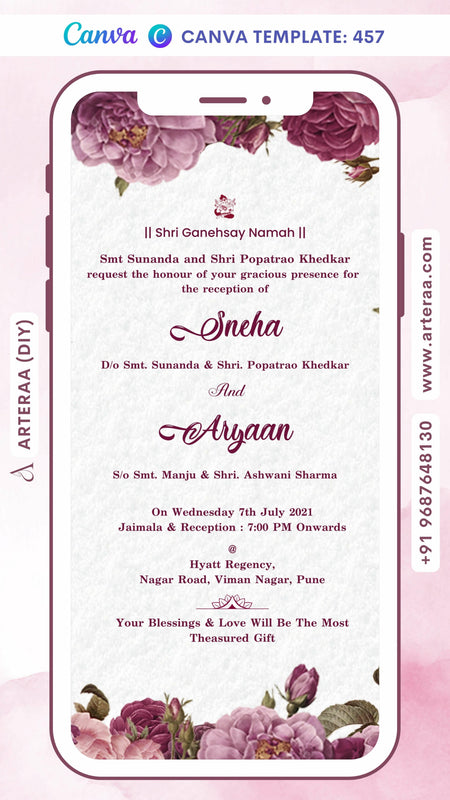 Reception Party invitation card Canva Editable Template in english language with flowers as floral theme q design 457
