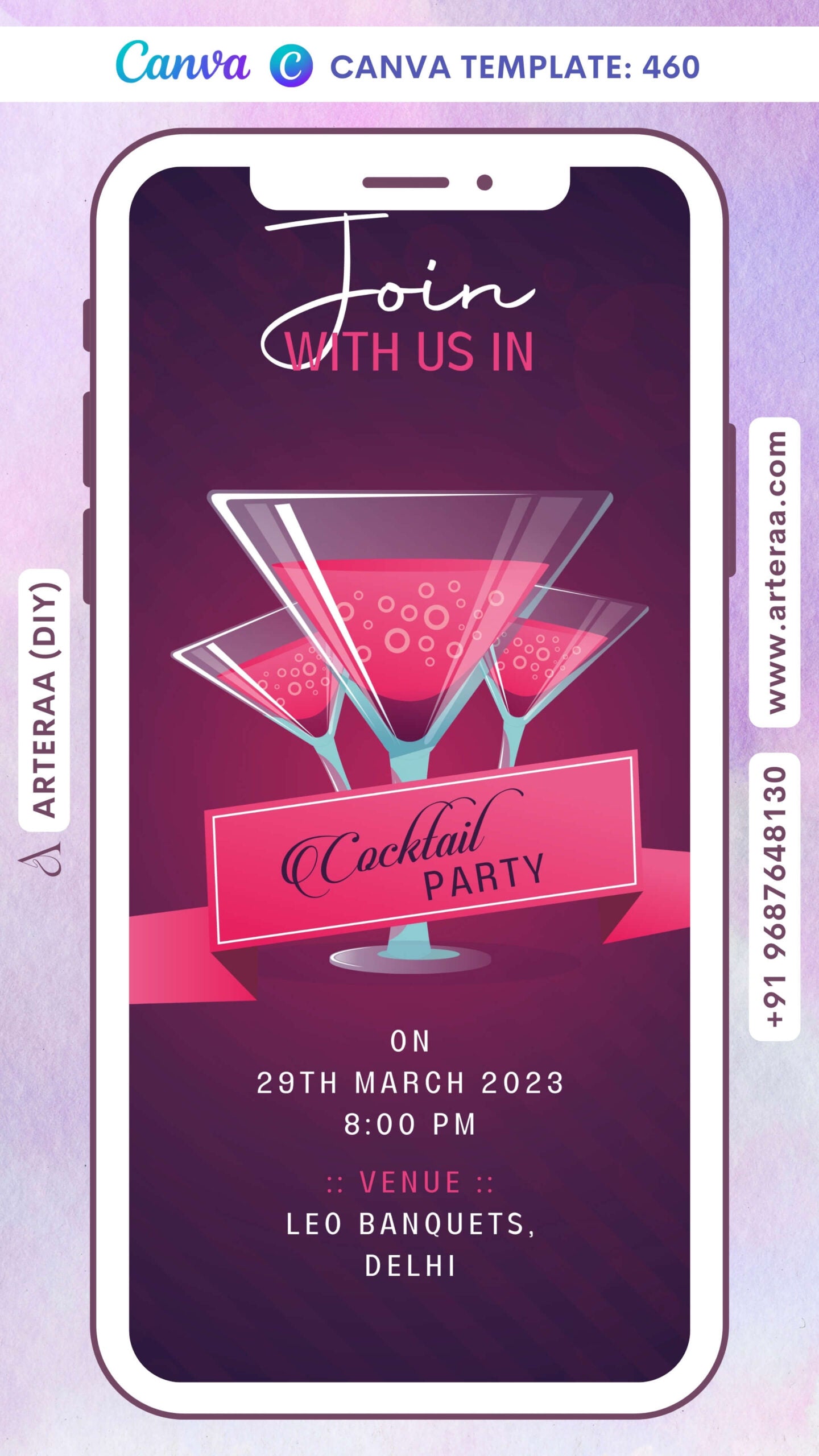 Cocktail Party invitation card in english language with cocktail glass as elegant theme Canva Editable Template design 460