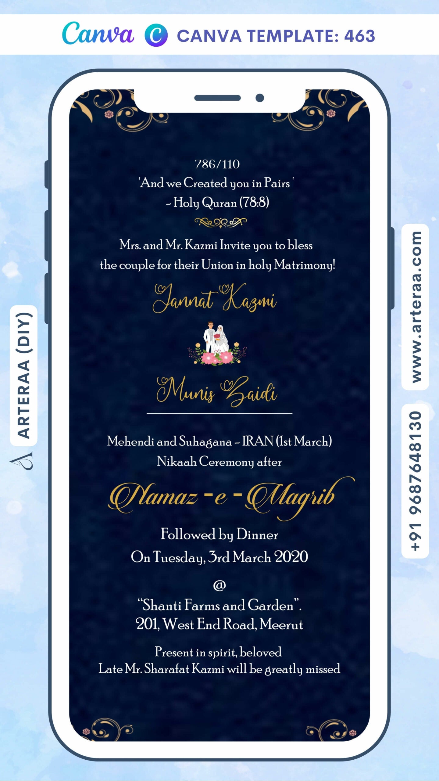 Nikah ceremony invitation card Canva Editable Template of Muslim family in english language with Floral minimalistic theme design 463