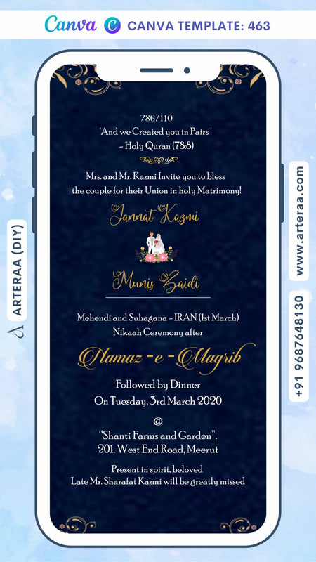Nikah ceremony invitation card Canva Editable Template of Muslim family in english language with Floral minimalistic theme design 463