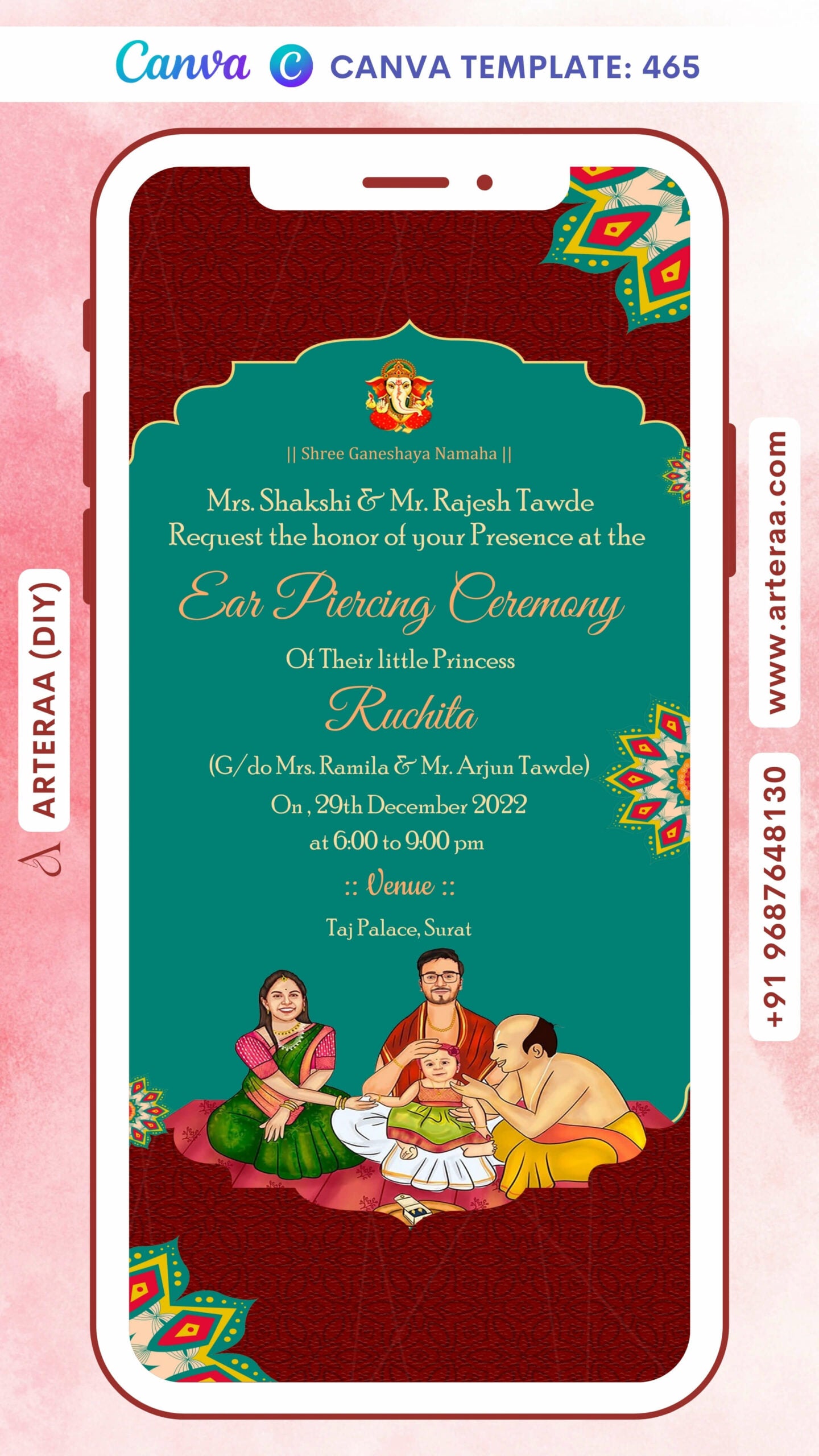 Digital Ear Piercing Ceremony Invitation of Indian Family in English Language With Arch Pattern Theme Canva Editable Template Design No. 465