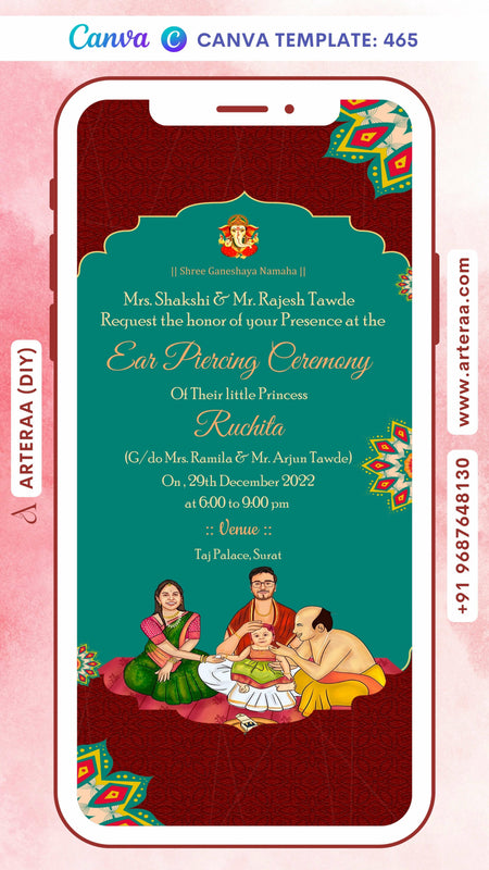 Digital Ear Piercing Ceremony Invitation of Indian Family in English Language With Arch Pattern Theme Canva Editable Template Design No. 465