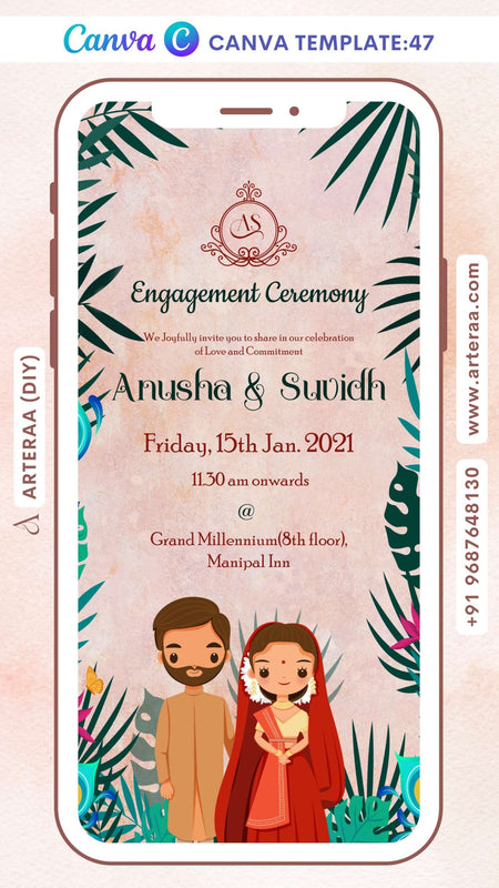 Engagement ceremony invitation card Canva Editable Template in english language with Peacock Feather as green leaves theme design 47