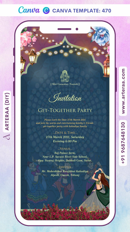 Digital Get-together Party Invitation of Indian Family in English Language With Vintage Theme Canva Editable Template Design No. 470