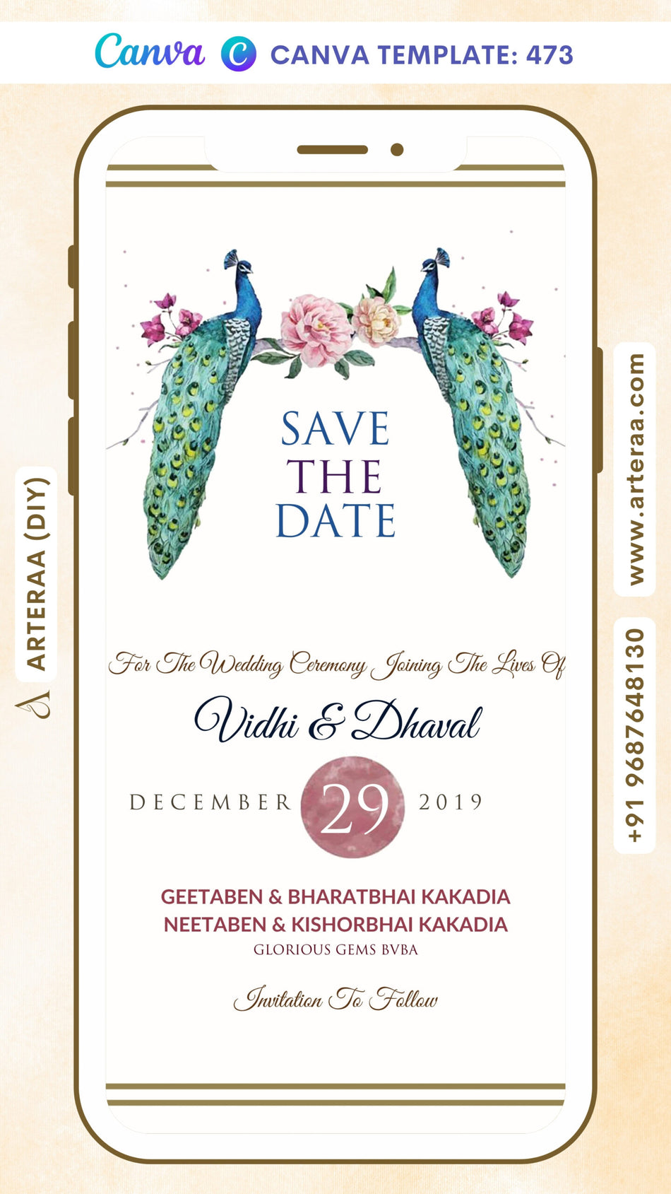 Save the Date card Canva Editable Template in english language with frame, flowers as minimalistic theme design 473