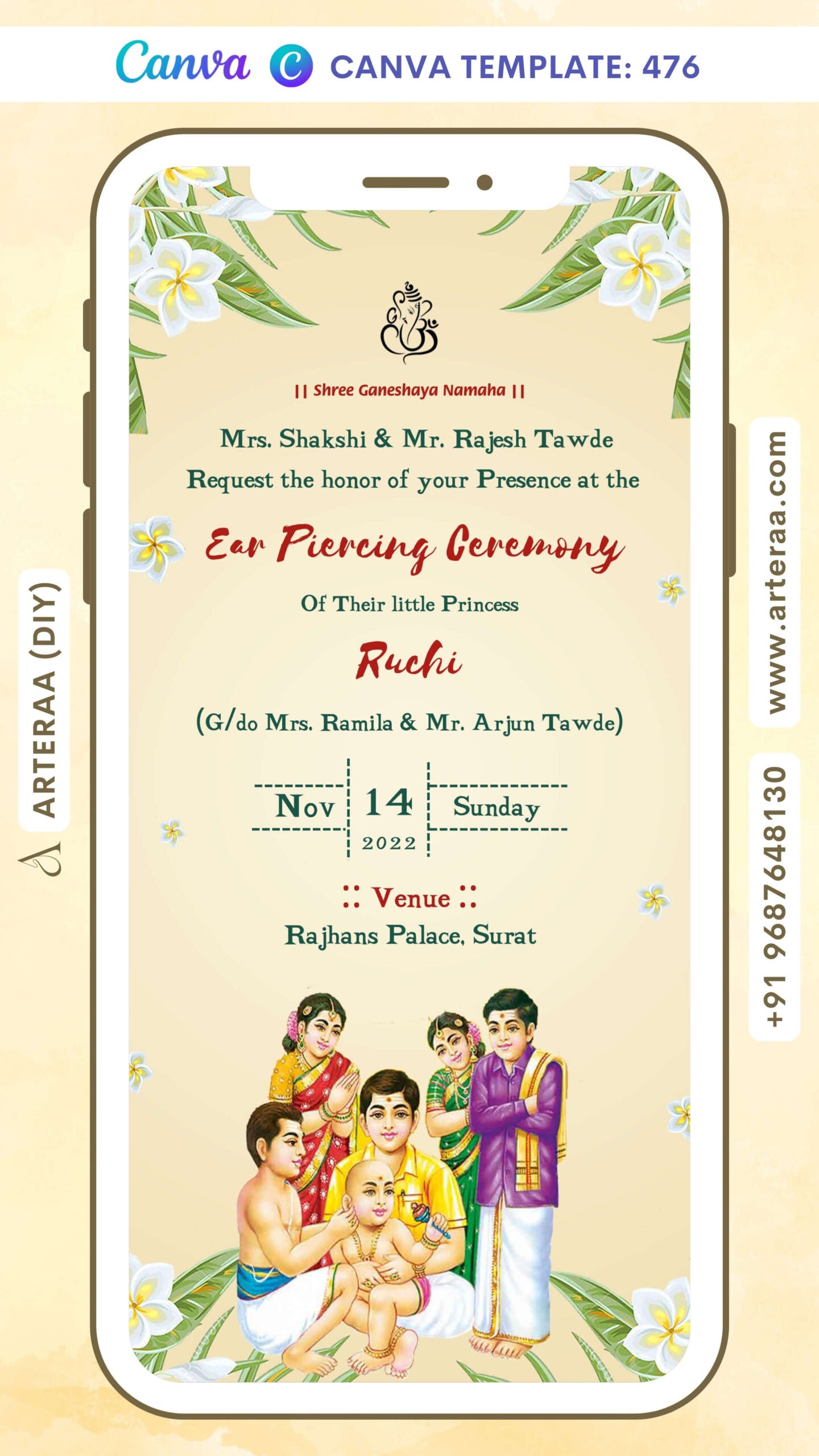 Ear Piercing ceremony invitation card in english language with flowers, leaves as floral theme Canva Editable Template design 476