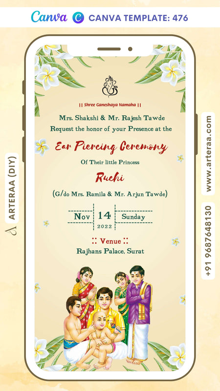 Ear Piercing ceremony invitation card in english language with flowers, leaves as floral theme Canva Editable Template design 476