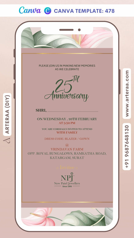 25th Wedding Anniversary invitation card Canva Editable Template in English language with flowers, frame as floral theme design 478