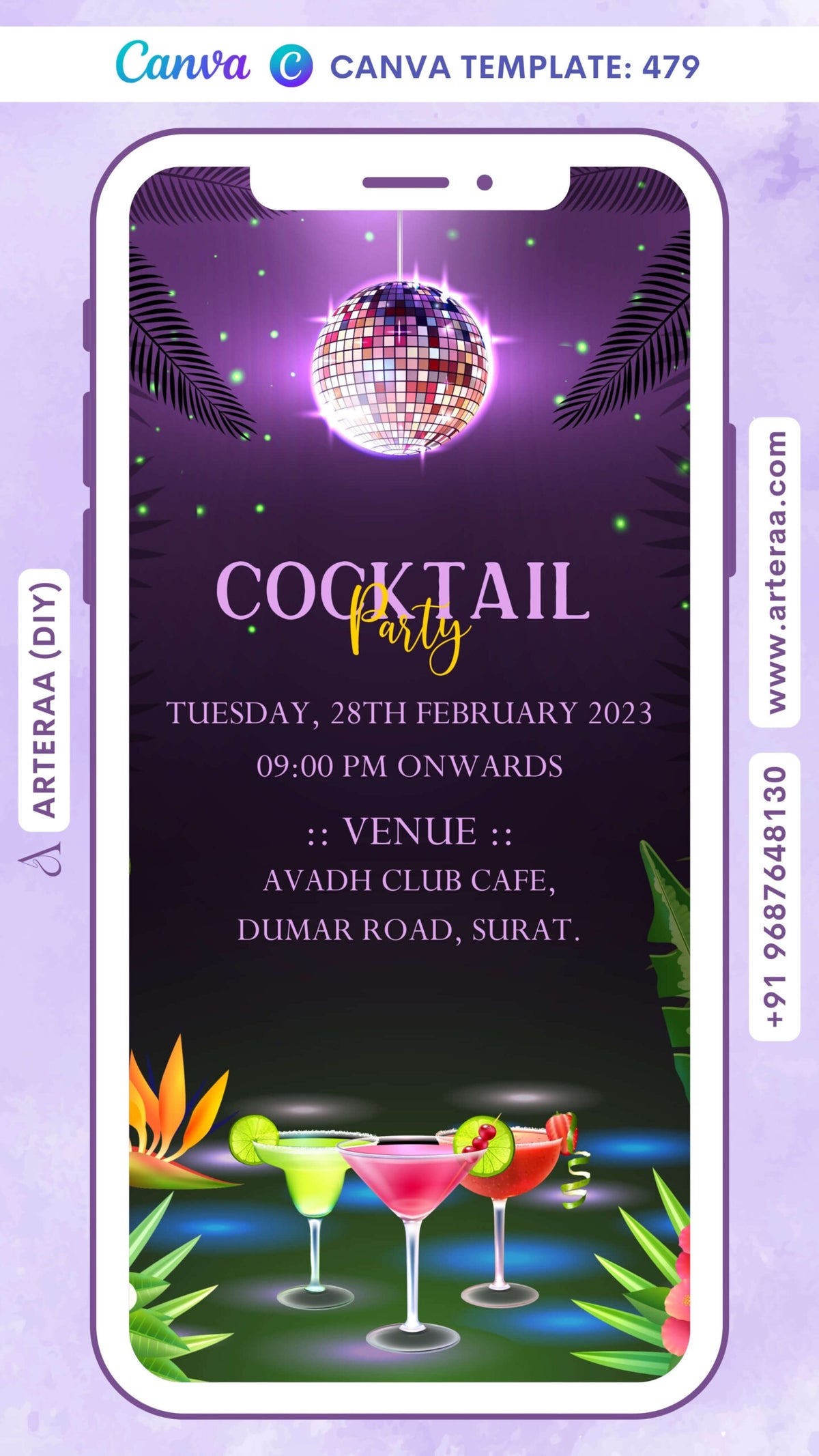 Cocktail Party invitation card Canva Editable Template in english language with dancing ball, cocktail glass as glitter theme design 479