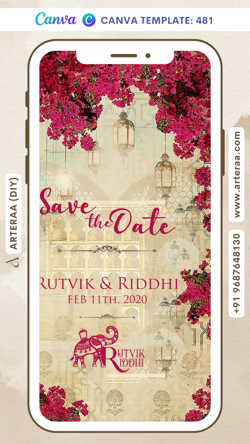 Save the Date card Canva Editable Template in english language with flowers as vintage theme design 481
