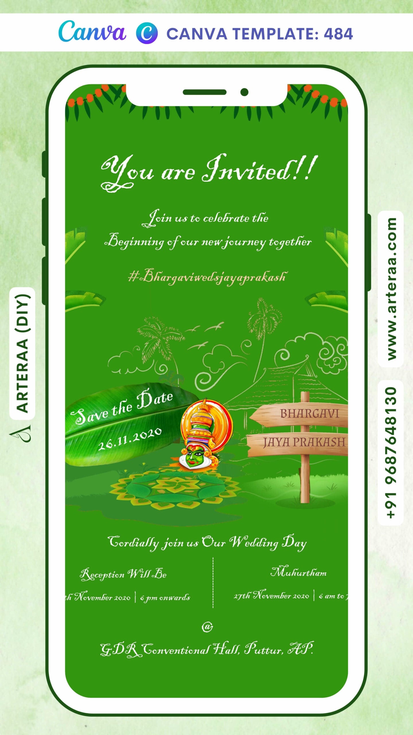 Wedding ceremony invitation card Canva Editable Template of hindu south indian kannada family in english language with Minimalistic theme design 484