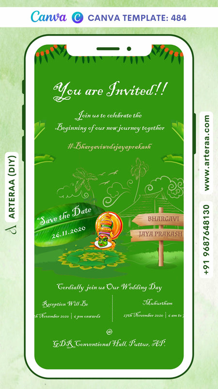 Wedding ceremony invitation card Canva Editable Template of hindu south indian kannada family in english language with Minimalistic theme design 484