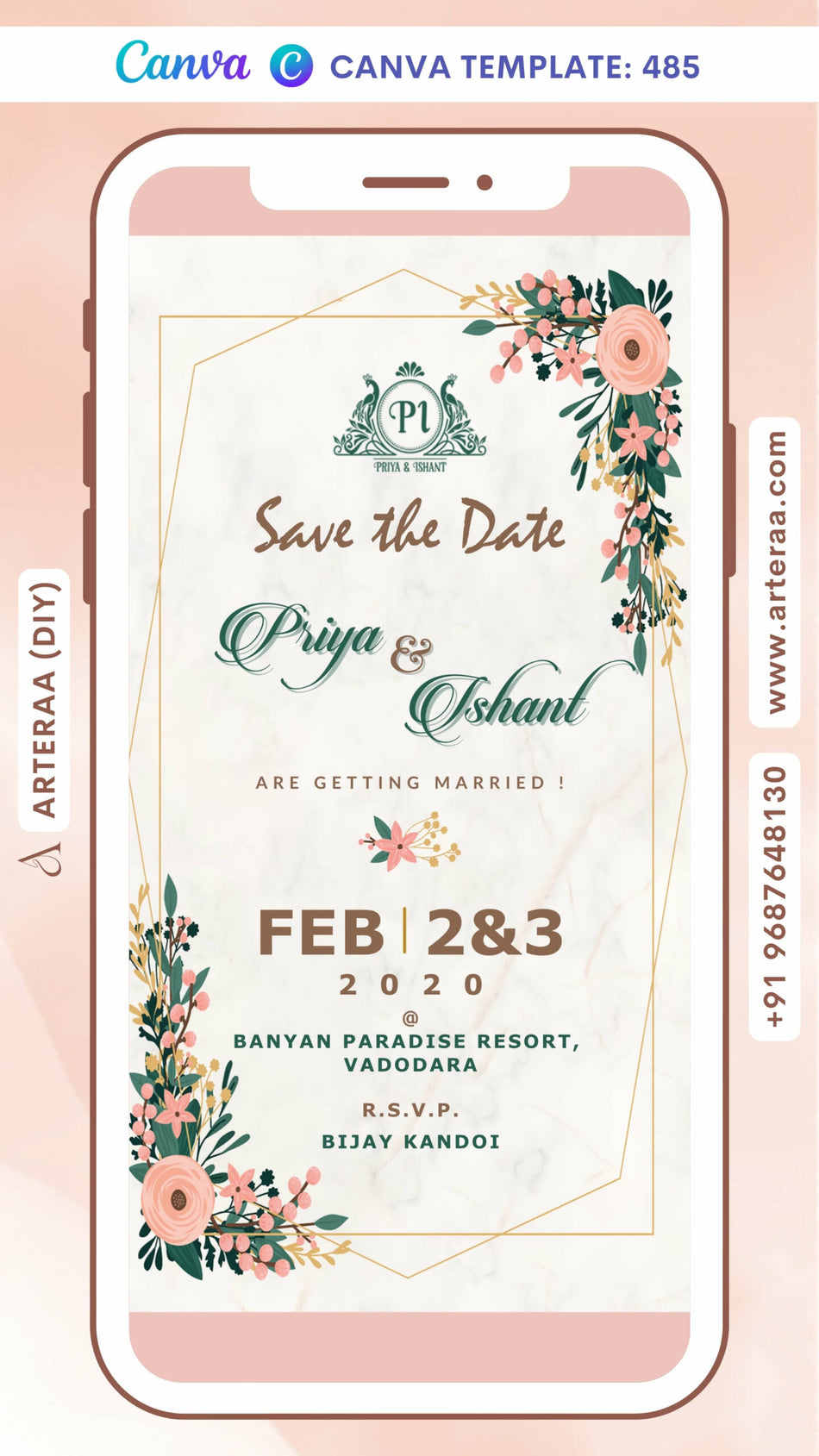 Save the Date card Canva Editable Template in english language with frame, couple logo as minimalistic theme design 485