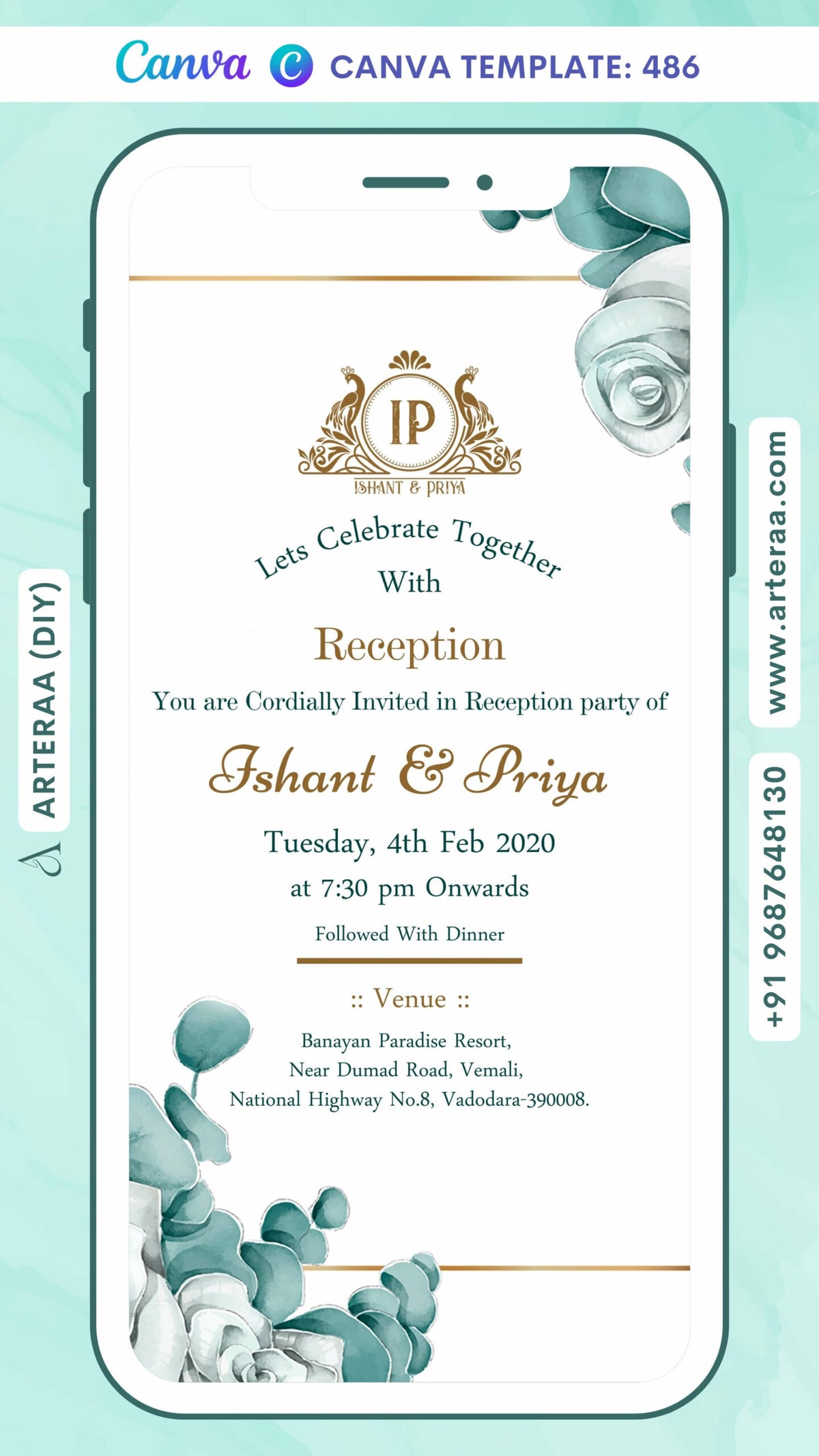 Reception Party invitation card Canva Editable Template in english language with couple logo, leaves as floral theme design 486