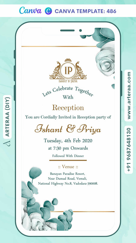 Reception Party invitation card Canva Editable Template in english language with couple logo, leaves as floral theme design 486
