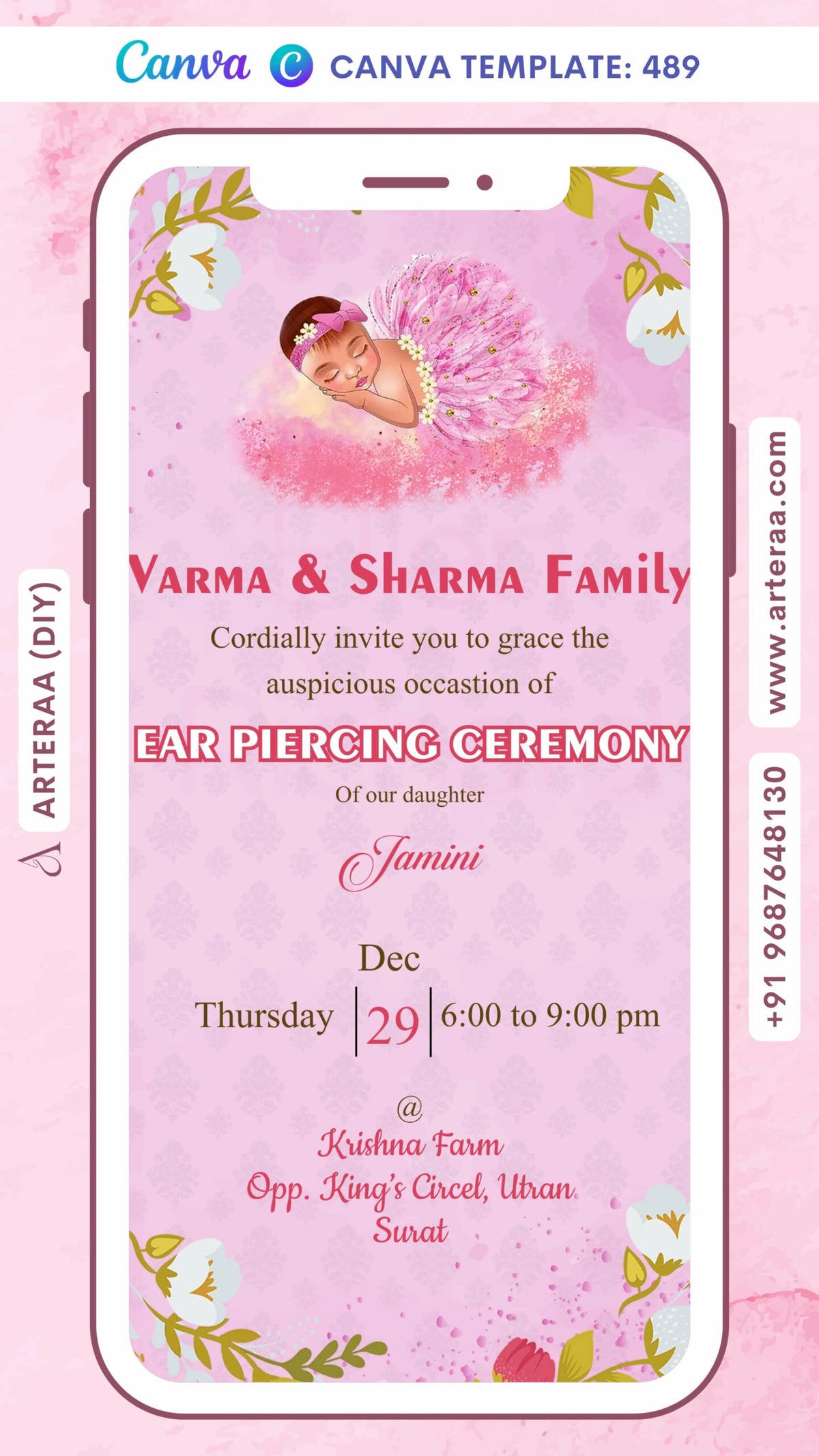 Digital Ear Piercing Ceremony Invitation Of Indian Family In English Language With Floral Theme Canva Editable Template Design No. 489