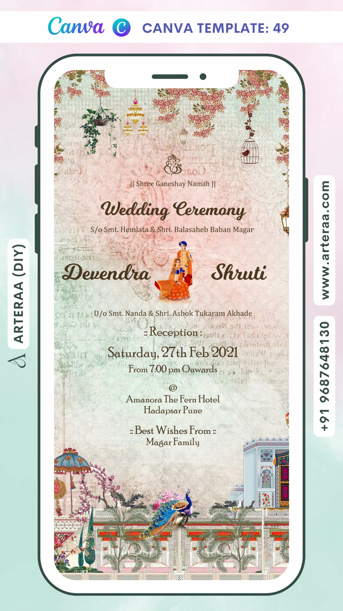 Wedding ceremony invitation card Canva Editable Template of hindu maharashtrian marathi family in english language with Traditional theme design 49