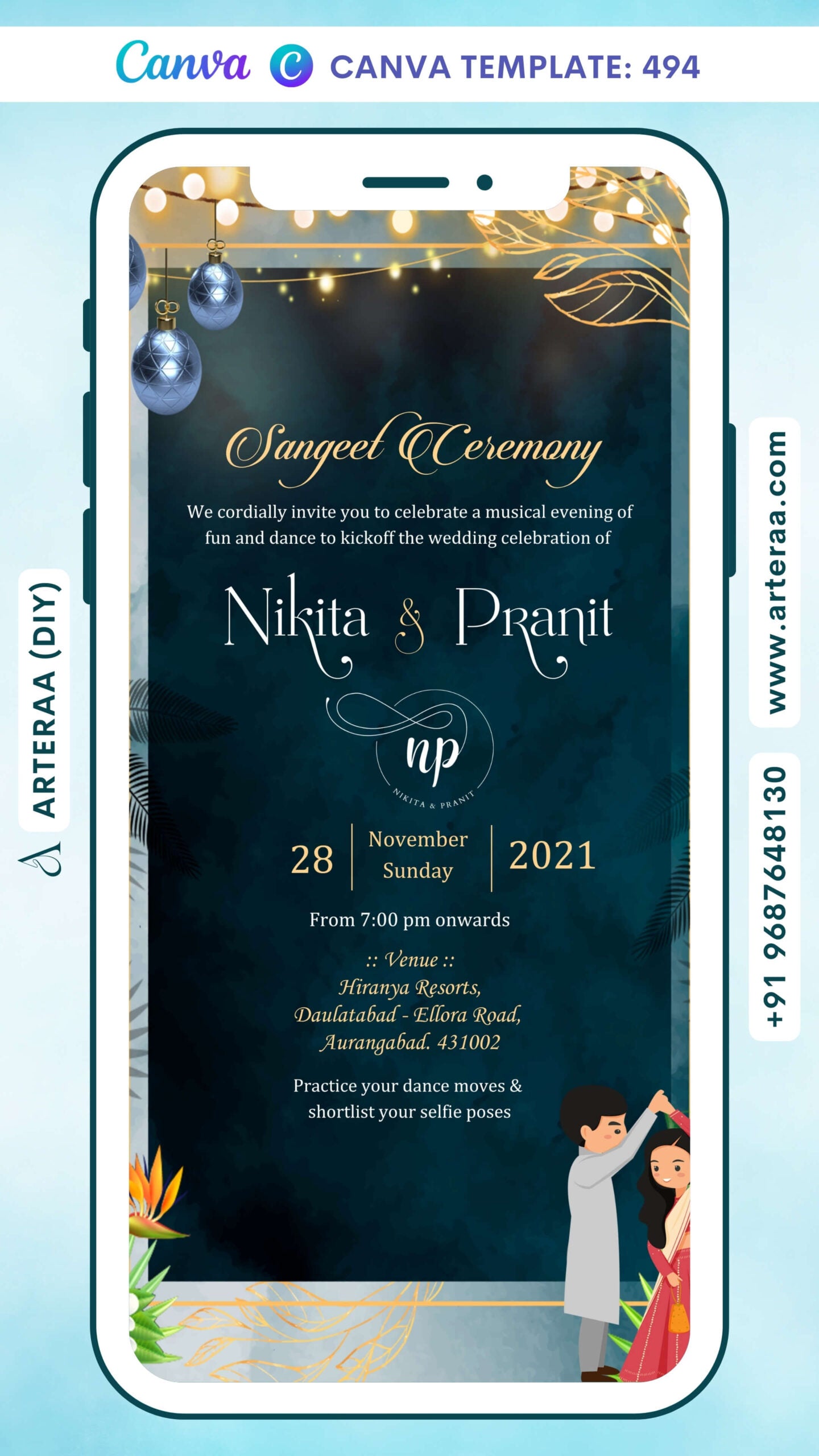 Sangeet Sandhya Ceremony invitation Canva Editable video Template in english language with string lights, couple logo as floral theme design 494