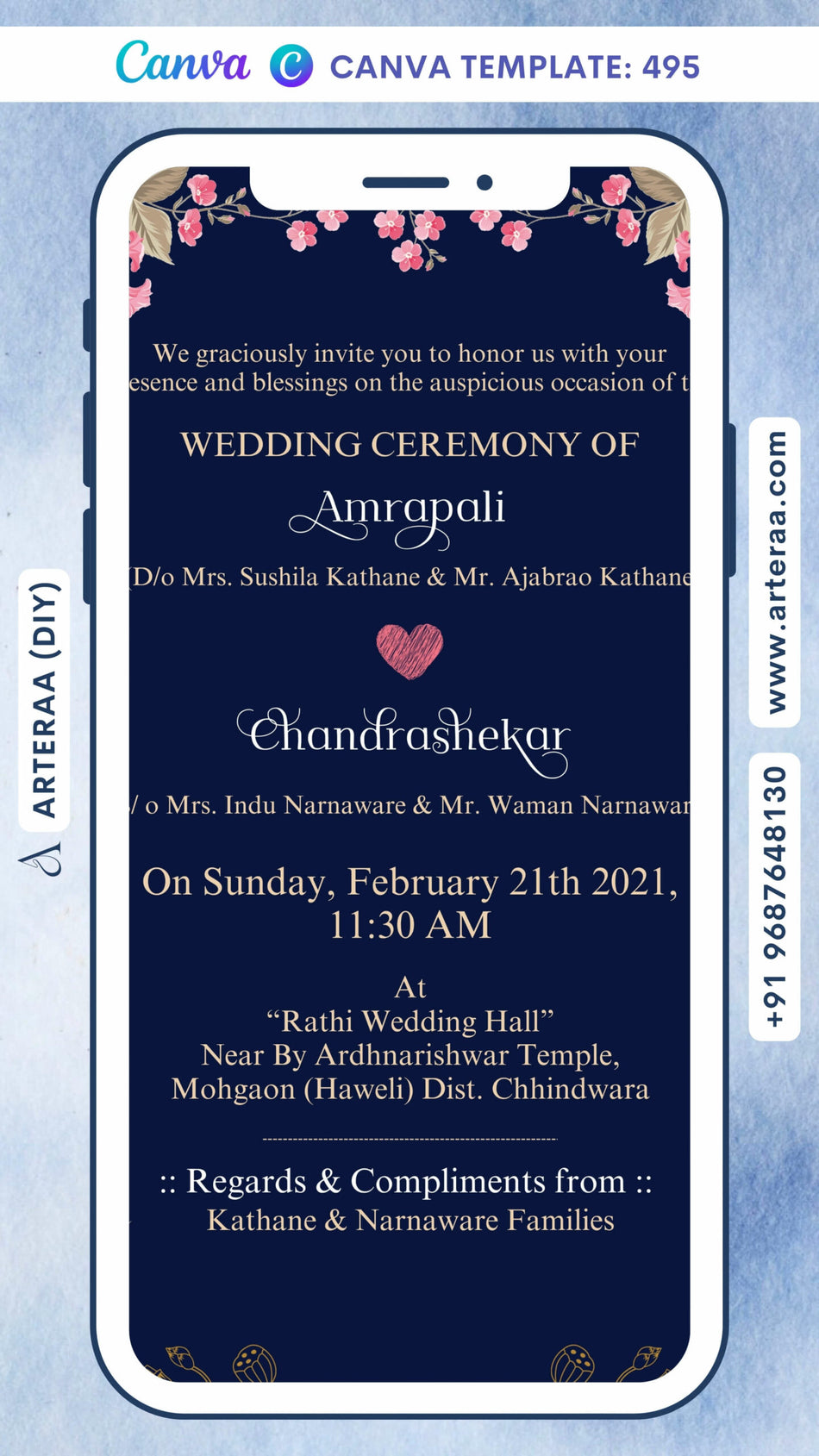 Wedding ceremony invitation card Canva Editable Template of hindu north indian in english language with Floral theme design 495
