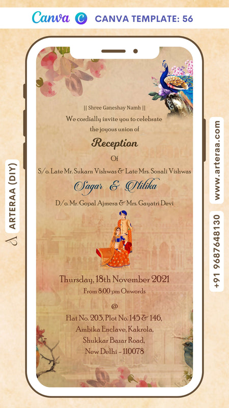 Reception Party invitation card Canva Editable Template in english language with peacock, birds as vintage theme design 56
