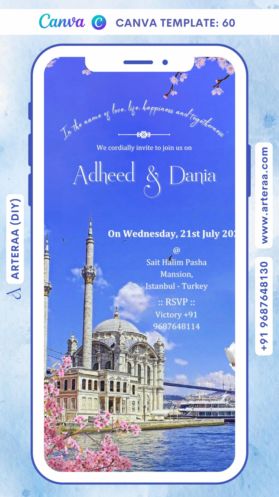 Save the Date card Canva Editable Template in english language with birds, flowers as mosque theme design 60