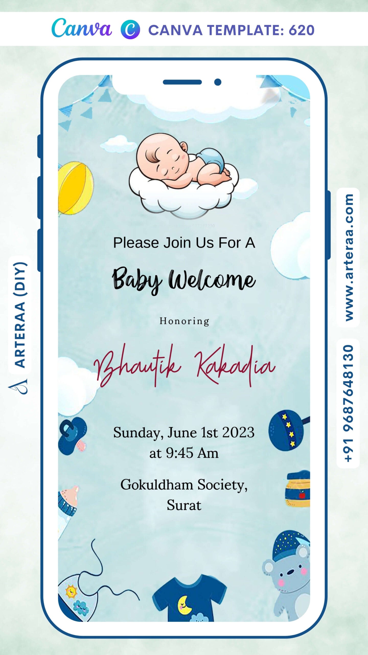 Baby welcome party invitation card Canva Editable Template in english language with playful theme design 620