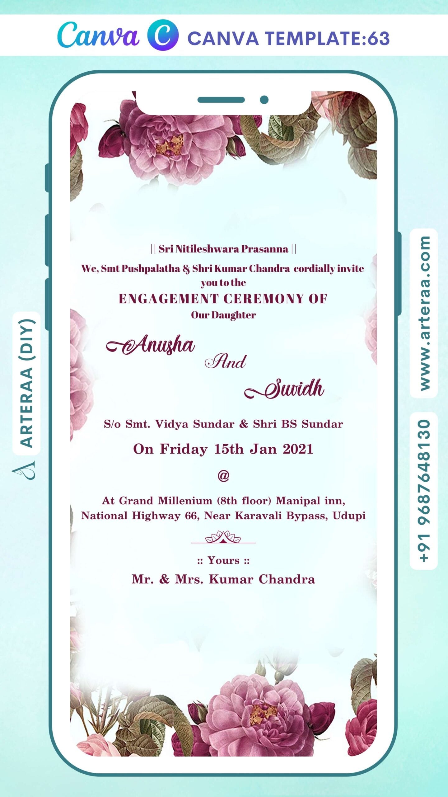 Engagement ceremony invitation card Canva Editable Template in english language with green leaves as floral theme design 63