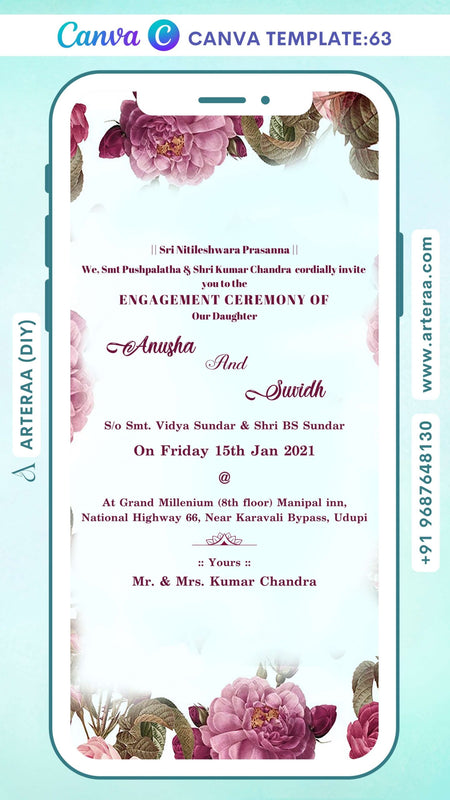 Engagement ceremony invitation card Canva Editable Template in english language with green leaves as floral theme design 63