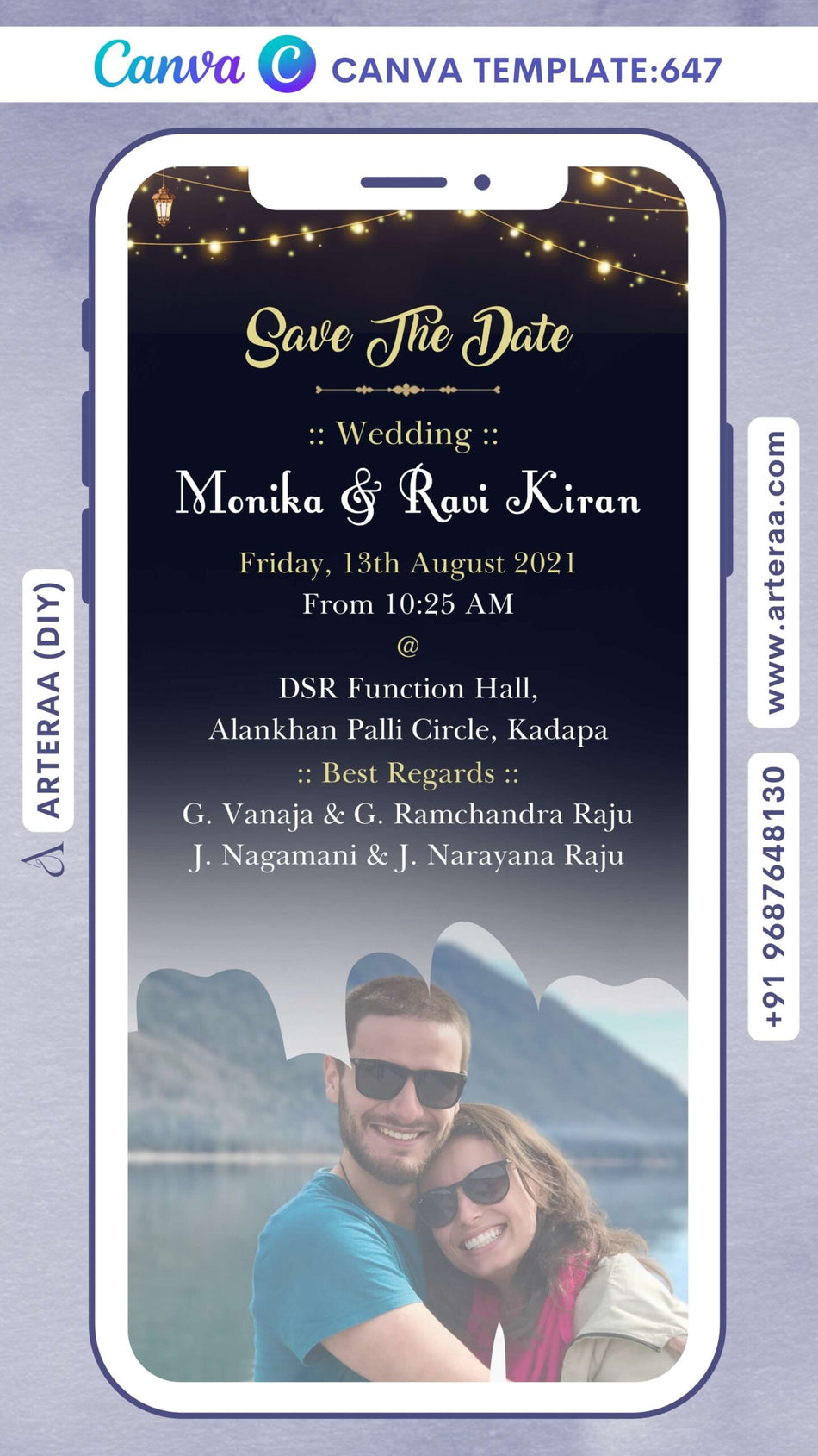 Wedding ceremony invitation card Canva Editable Template of hindu south indian telugu family in english language with couple photo theme design 647