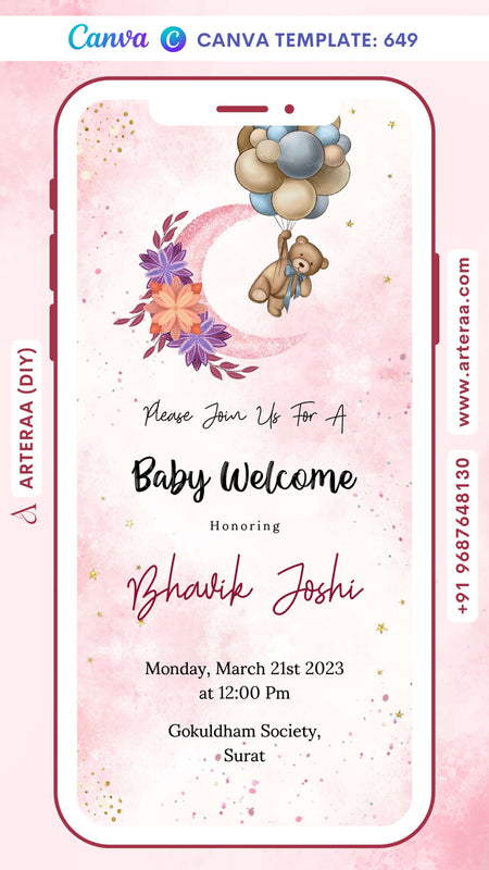 Baby welcome party invitation card Canva Editable Template in english language with minimalistic theme design 649