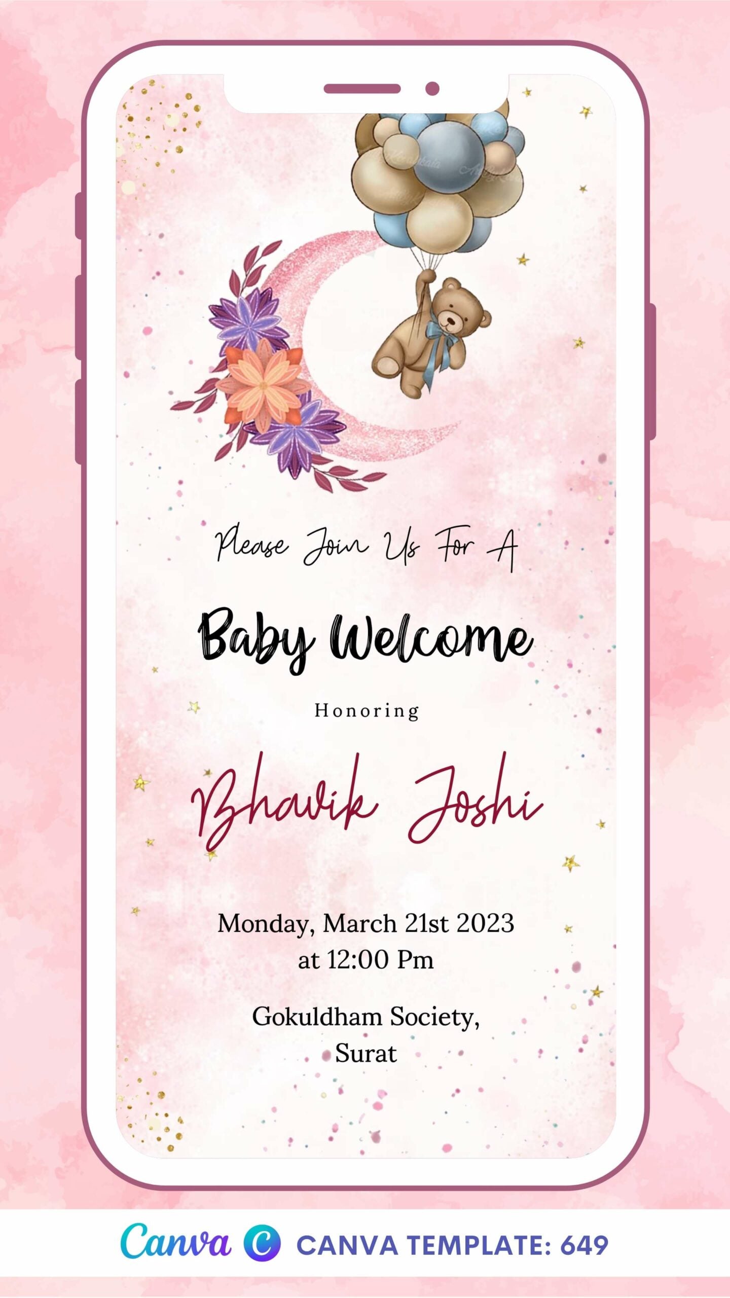 Digital Baby Welcome Ceremony Invitation Of Gujarati Family In the English Language With Pastel Theme Canva Editable Template Design no - 649