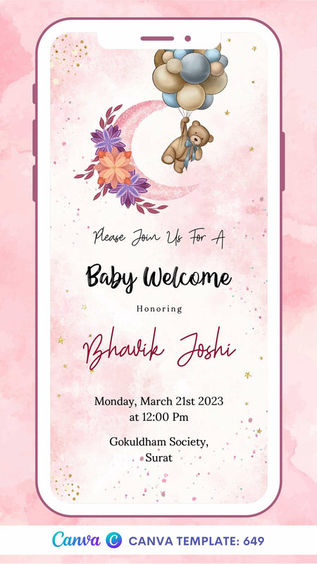 Digital Baby Welcome Ceremony Invitation Of Gujarati Family In the English Language With Pastel Theme Canva Editable Template Design no - 649