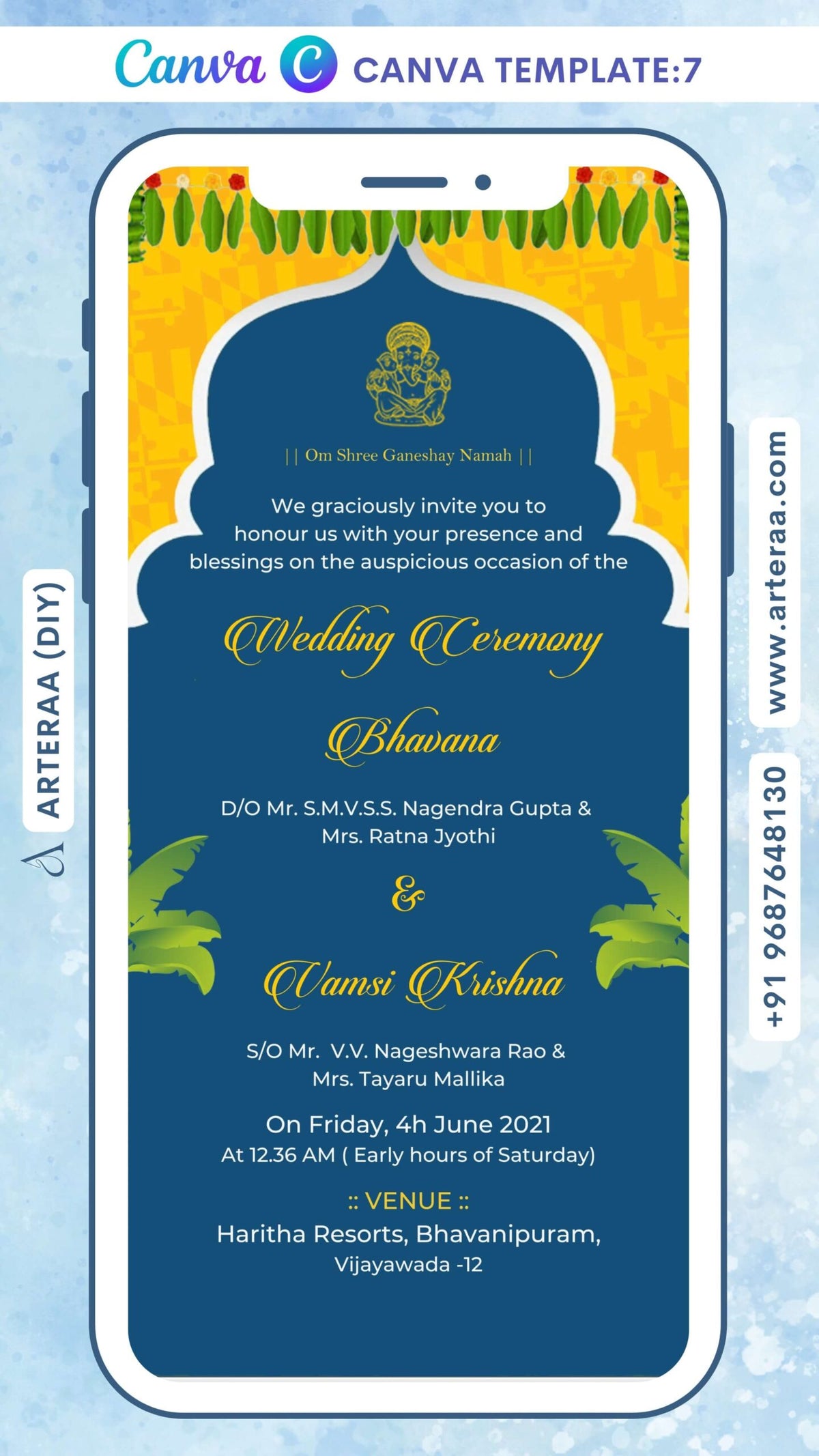 Wedding ceremony invitation card Canva Editable Template of hindu south indian telugu family in english language with Arch theme design 7