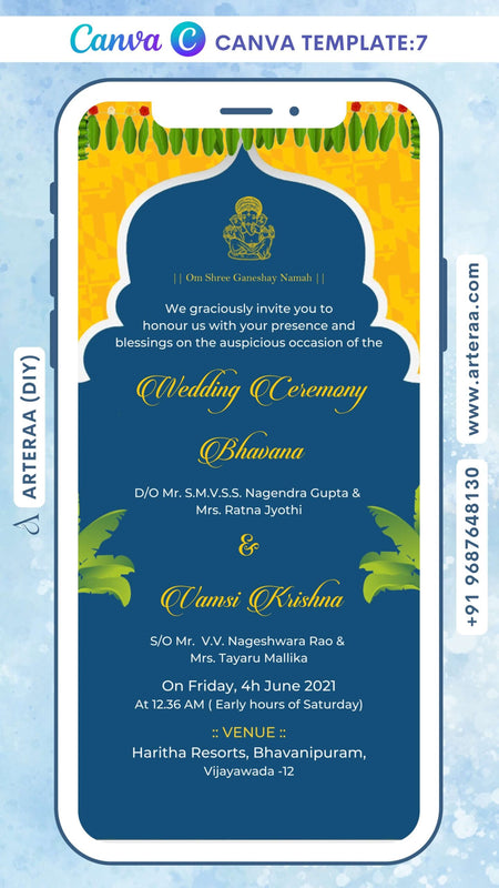 Wedding ceremony invitation card Canva Editable Template of hindu south indian telugu family in english language with Arch theme design 7