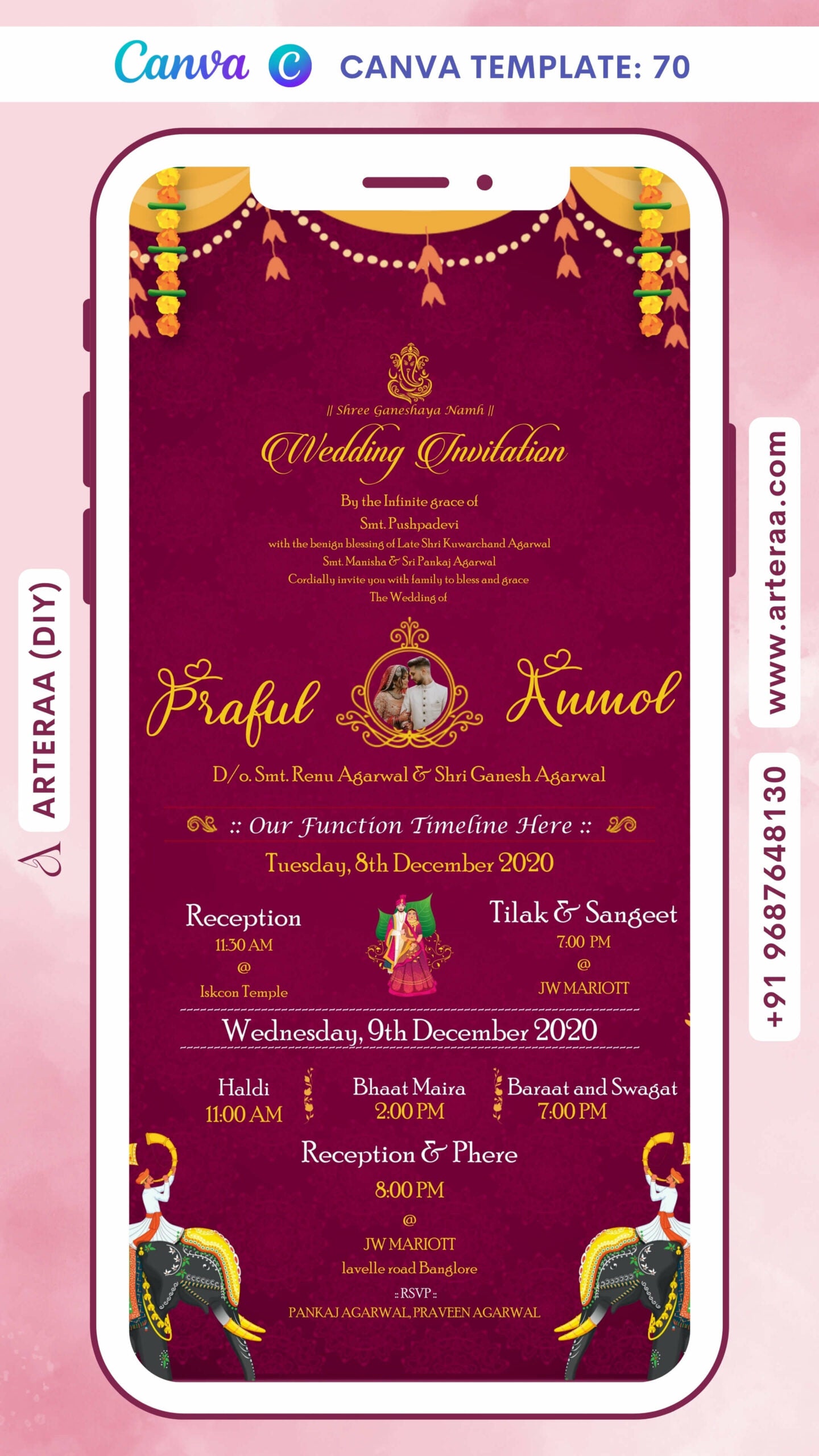 Wedding ceremony invitation card of hindu south indian kannada family in english language with Vintage theme Canva Editable Template design 70