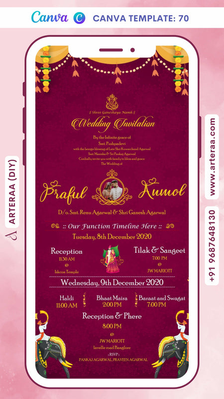 Wedding ceremony invitation card of hindu south indian kannada family in english language with Vintage theme Canva Editable Template design 70
