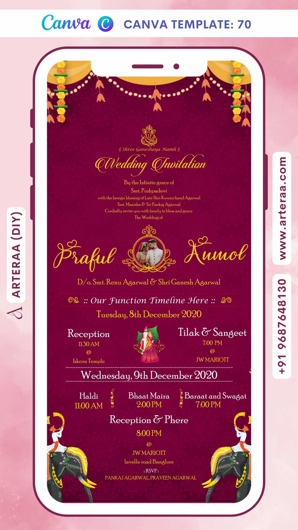 Wedding ceremony invitation card of hindu south indian kannada family in english language with Vintage theme Canva Editable Template design 70